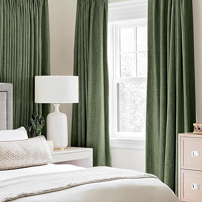 MIULEE 100% Blackout Linen Textured Curtains for Bedroom Solid Thermal Insulated Olive Green Grommet Room Darkening Curtains & Drapes Luxury Decor for Living Room Nursery 52 x 45 Inch (2 Panels)