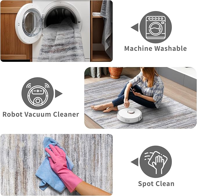6x9 Area Rug for Living Room: Non-Slip Washable Rugs for Dining Room Bedroom Study Home Office - Easy-to-Clean Stain and Water Resistant Carpet - Soft Low-Pile Mat Beige Grey