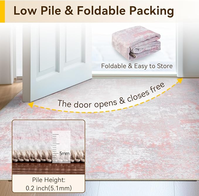 Washable Area Rugs 10'x14' Non-Slip Modern Abstract Soft for Living Room Entryway Bedroom Nursery, Print Pattern, Grey Pink