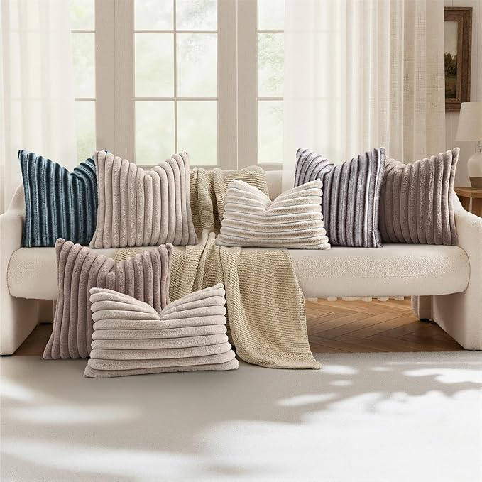decorUhome Cozy Faux Fur Throw Pillow Covers 12x20 Set of 2 Decorative Soft Plush Striped Lumbar Modern Farmhouse Boho Couch Pillow Cases with Velvet Back for Sofa Bed Living Room, Brown White