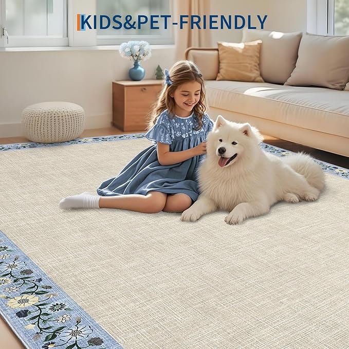 GarveeHome Entryway Rug 2x6 Modern Bordered Runner Rug Washable Kitchen Runners for Hallway Non-Slip Low-Pile Soft Carpet Floral Print Bathroom Mat for Bedroom Laundry Room, Beige
