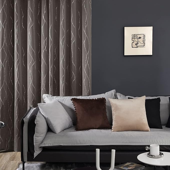 Deconovo Blackout Curtains, Thermal Insulated Soundproof Grommet Drapes, Wave Dots Silver Print, 42 x 45 Inch, Set of 2, Machine Washable Window Panel for Kitchen Bedroom Living Room Nursery, Taupe