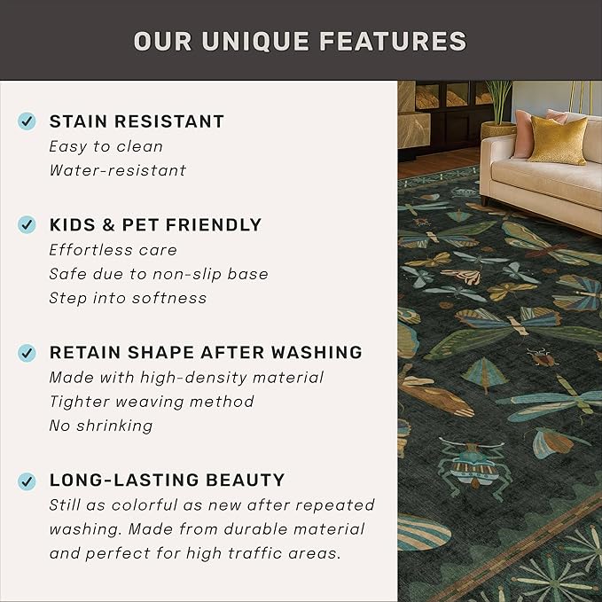 Hazo Haus 7x9 Insect Dark Green Rugs for Living Room, Boho & Forest Design Area Rug for Dining Room Under Table, Bedroom, Unique Washable Floral Non Slip Low Pile Soft Rug