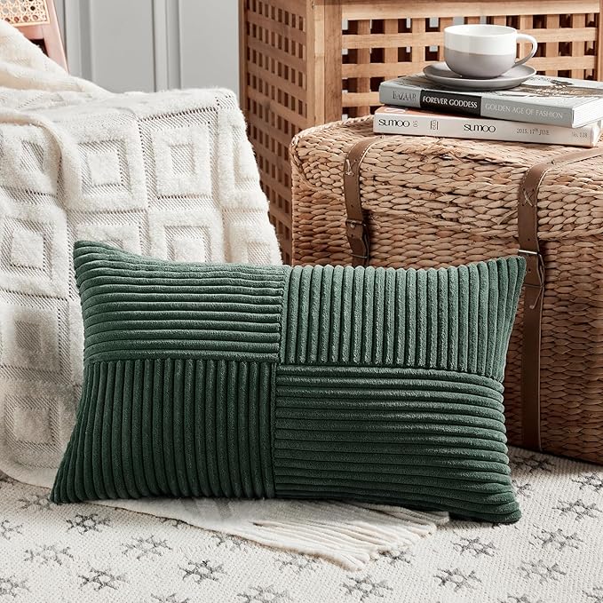 Fancy Homi Set of 2 Dark Green Lumbar Decorative Throw Pillow Covers 14x22 Inch for Living Room Couch Bed, Boho Farmhouse Forest Green Home Decor, Soft Corduroy Corss Patchwork Cushion Case