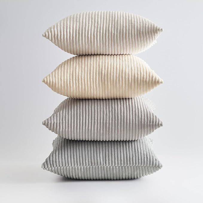 Topfinel 4 Packs Neutral Decorative Throw Pillows Covers 18x18 Inch for Living Room Couch Bed Sofa, Rustic Farmhouse Boho Home Decor, Soft Plush Striped Corduroy Square Cushion Case 45x45 cm