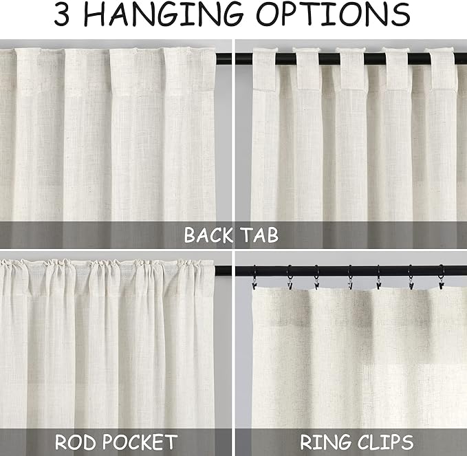 Cream Linen Curtains 96 Inches Long 2 Panels Set Back Tab Rod Pocket Semi Sheer Light Filtering Window Curtain Drapes Neutral Boho Aesthetic Long Curtains for Living Room Bedroom Decor 42x96