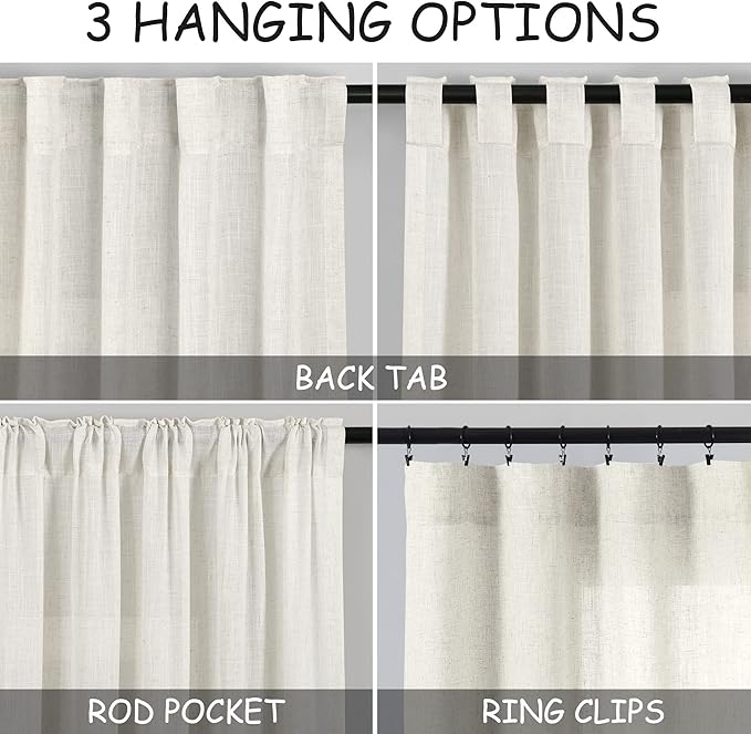 Nanspring Natural Linen Curtains 45 Inch Length Back Tab Pocket Design Semi Sheer Curtains 2 Panel Set for Kitchen Bathroom Small Windows Cottage Farmhouse Decor 40x45 Inches