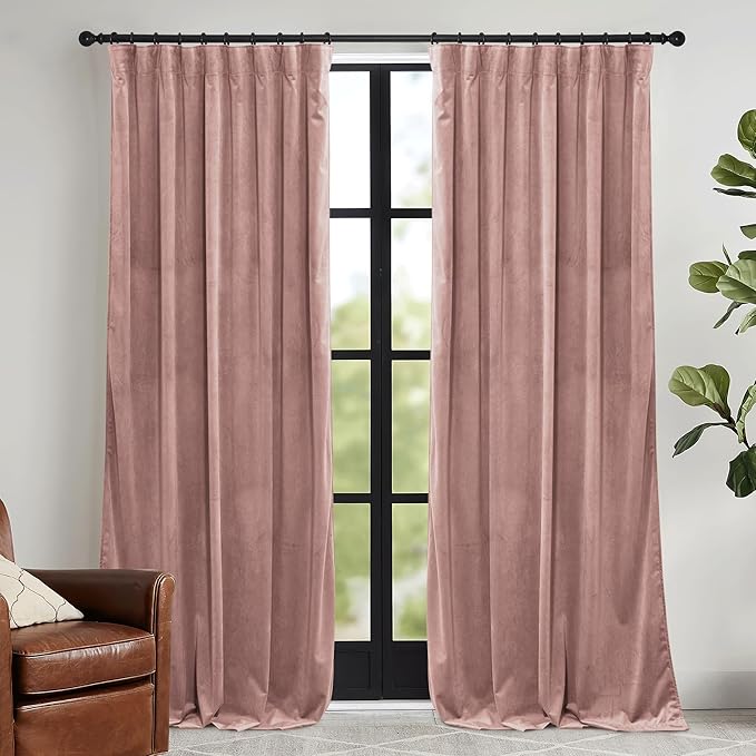 RYB HOME Dusty Pink Velvet Curtains 102 inches with Hook Belt, Soft Fabric Room Darkening Thermal Insulated Luxurious Home Decor Curtains for Living Room Bedroom, W 52" x L 102", 2 Panels Set