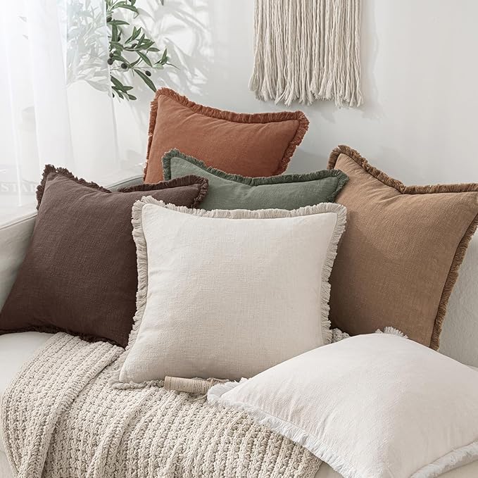 MIULEE Decorative Throw Pillow Covers Neutral Linen Fringe Throw Pillows Set of 2 Dark Brown Boho Farmhouse Cushion Covers with Tassels for Couch Sofa Bed Living Room Spring Decor 18x18 Inch