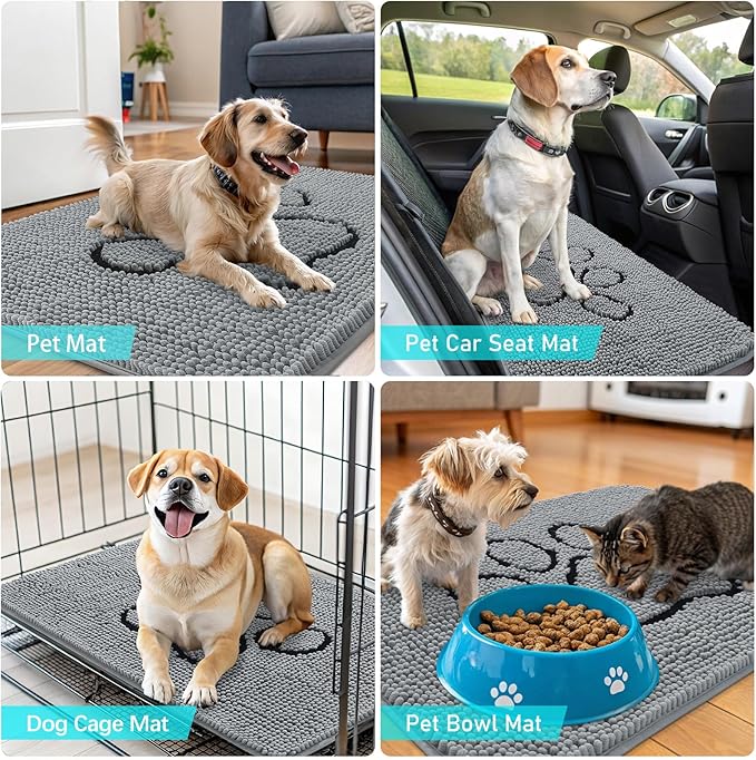 OLANLY Dog Door Mat for Muddy Paws 24x16, Paw Print Design, Absorbs Moisture and Dirt, Absorbent Non-Slip Washable Doormat, Quick Dry Chenille Mud Mat for Dogs, Entry Indoor Entryway Carpet, Grey