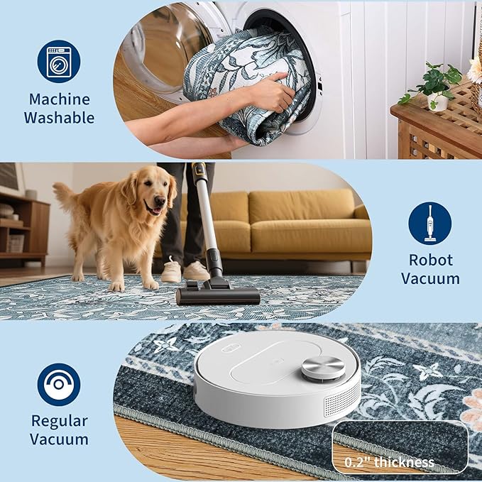 GarveeHome Provence 8x10 Area Rugs for Living Room, Botanical Grove Retro Blue Cottagecore Washable Rug for Bedroom Dining Nursery Low-Pile Vintage Large Carpet