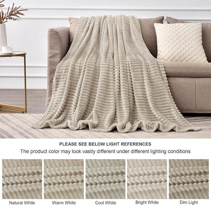 BEDELITE Fleece Blanket King Size – 3D Ribbed Jacquard Soft and Warm Decorative Fuzzy Blankets – Cozy, Fluffy, Plush Lightweight Throw Blankets for Couch, Bed, Sofa(Linen, 108x90 inches)