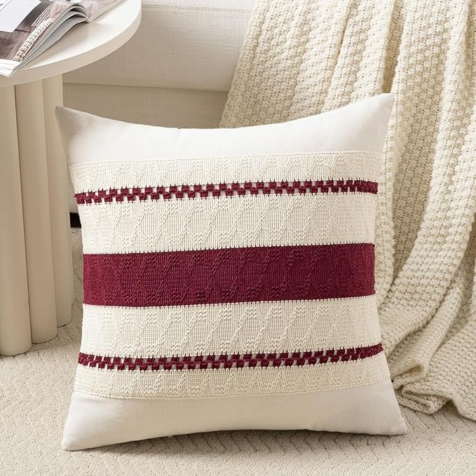 Fancy Homi Set of 1 Burgundy Boho Euro Decorative Throw Pillow Covers 26x26 Inch for Couch Bed Sofa, Aesthetic Modern Farmhouse Christmas Room Decor, Soft Cotton Cute Textured Cushion Case