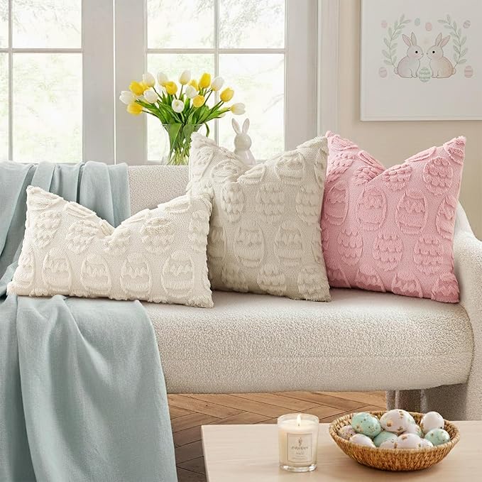 decorUhome Easter Beige Egg Pillow Covers 20x20 Inch Set of 2, Soft Plush Faux Wool Jacquard Cushion Covers, Farmhouse Neutral Fuzzy Spring Easter Holiday Decor for Couch Sofa Bed