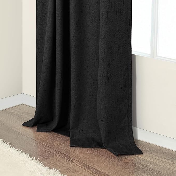 Nursery Blackout Curtains 63 Inch Length for Bedroom 2 Panels Back Tab Pocket Heavy Thick Linen Textured Room Darkening Sound Proof Insulated Thermal Dark Out Black Curtain for Winter 63 Inches Long