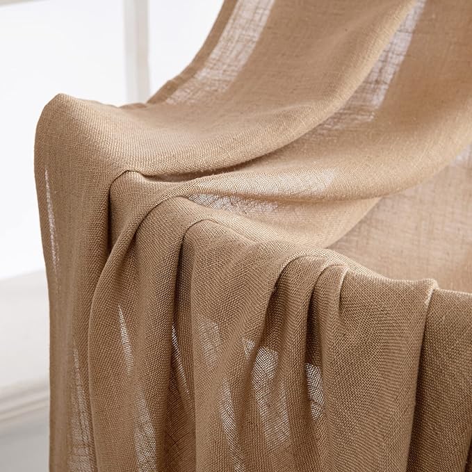 MIULEE Light Brown Linen Curtains 54 Inch Length 2 Panels for Bedroom Living Room, Soft Thick Linen Textured Natural Short Window Drapes Semi Sheer Light Filtering Back Tab Burlap Look Decor
