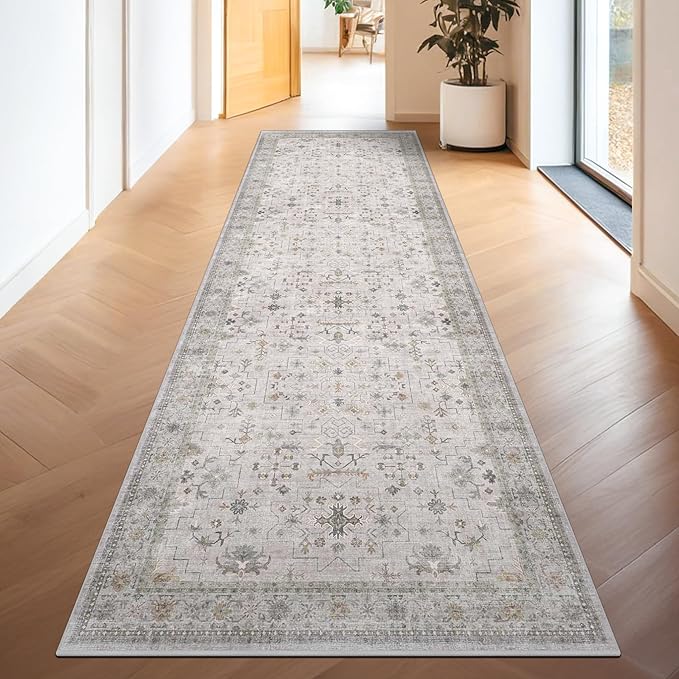 Hazo Haus Light Gray Kitchen Rug 10 ft Long - Modern Neutral Boho Unique Floral with Brown Accent, Washable Low Pile Non-Slip Extra Long Wide Runner Rugs for Hallway, 3x10