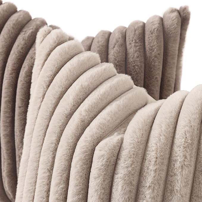 decorUhome Cozy Faux Fur Throw Pillow Covers 18x18 Set of 2 Decorative Soft Plush Striped Modern Farmhouse Boho Couch Pillow Cases with Velvet Back for Sofa Bed Living Room, Light Coffee