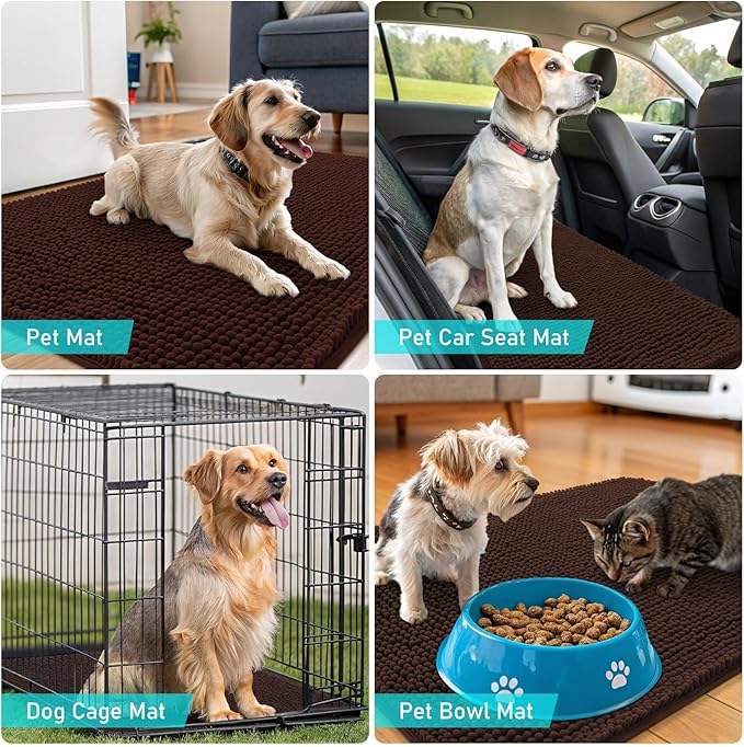 OLANLY Dog Door Mat for Muddy Paws 47x20, Absorbs Moisture and Dirt, Absorbent Non-Slip Washable Doormat, Quick Dry Chenille Mud Mat for Dogs, Entry Indoor Entryway Carpet for Inside Floor, Brown