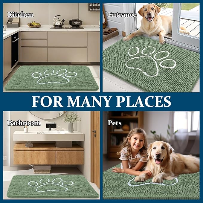 OLANLY Dog Door Mat for Muddy Paws 36x24, Paw Print Design, Absorbs Moisture and Dirt, Non-Slip Washable Doormat, Quick Dry Chenille Mud Mat, Entry Indoor Entryway Carpet, Olive Green and White