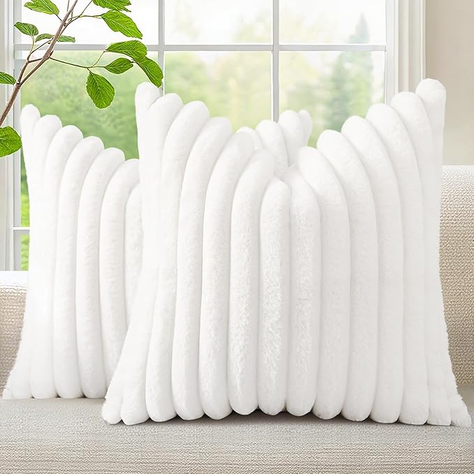 decorUhome Summer Cozy Faux Fur Throw Pillow Covers 26x26 Set of 2 Decorative Soft Plush Striped Modern Farmhouse Boho Couch Euro Sham Pillow Cases with Velvet Back for Sofa Bed Living Room, White