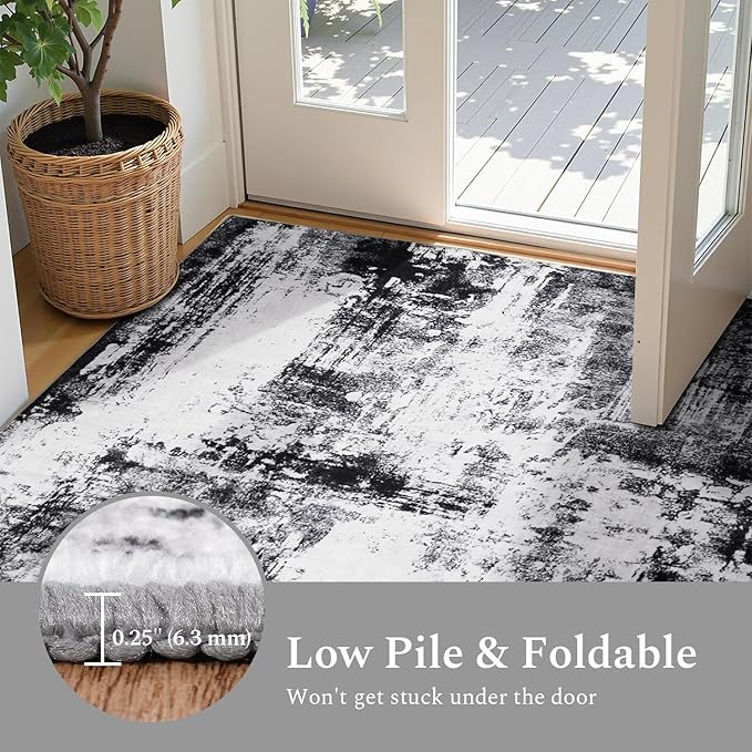 Rugflix 5x7 Area Rugs for Living Room, Washable Large Rug Stain-Resistant Low Pile, Modern Dark Carpet for Dining Room Home Office Kid Room Nursery Bedroom, Black Grey