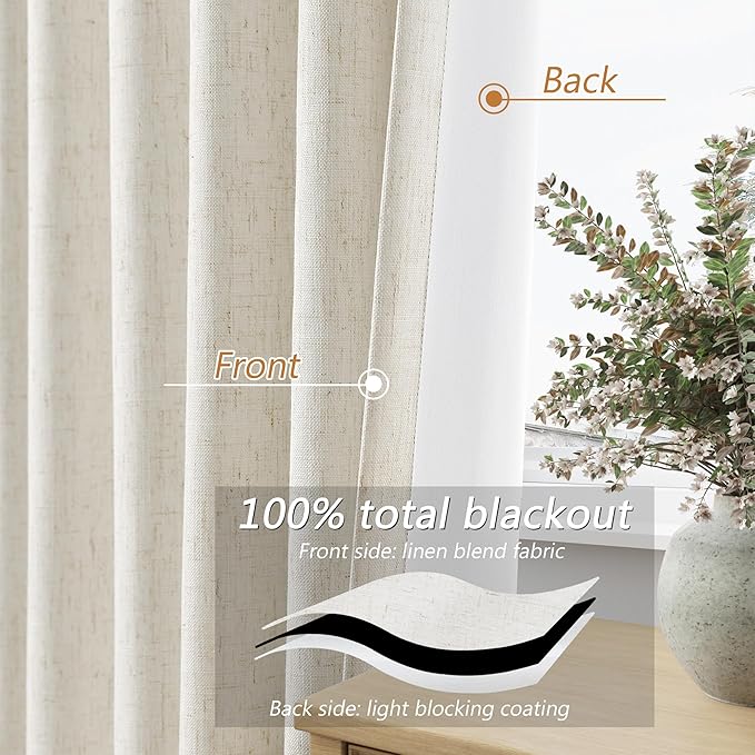 Guken Cream 100% Blackout Linen Curtains 94 Inch Length 2 Panels Set for Living Room Bedroom Back Tab Rod Pocket Thermal Insulated Black Out Drapes Room Darkening Farmhouse Window Curtains