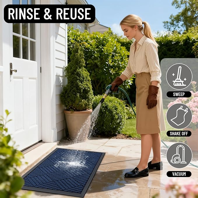 OLANLY Front Door Mat Outside Entrance 71x47, Absorbent, Heavy Duty Sturdy Natural Rubber Doormat Indoor Outdoor, Stain Fade Resistant, Non-Slip Low Profile Floor Mat for Entryway, Navy Blue Diamond