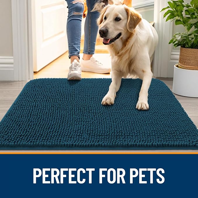OLANLY Dog Door Mat for Muddy Paws 54x24, Absorbs Moisture and Dirt, Absorbent Non-Slip Washable Doormat, Quick Dry Chenille Mud Mat, Entry Indoor Entryway Carpet for Inside Floor, Atlantic Blue