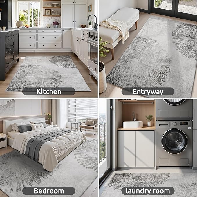 8x10 Area Rugs for Living Room-Machine Washable Rug Ultra Soft Non Slip Area Rug Modern Abstract Dahlia Indoor Carpet Rugs for Bedroom Dining Room Playroom Nursery Bedside Office, Grey