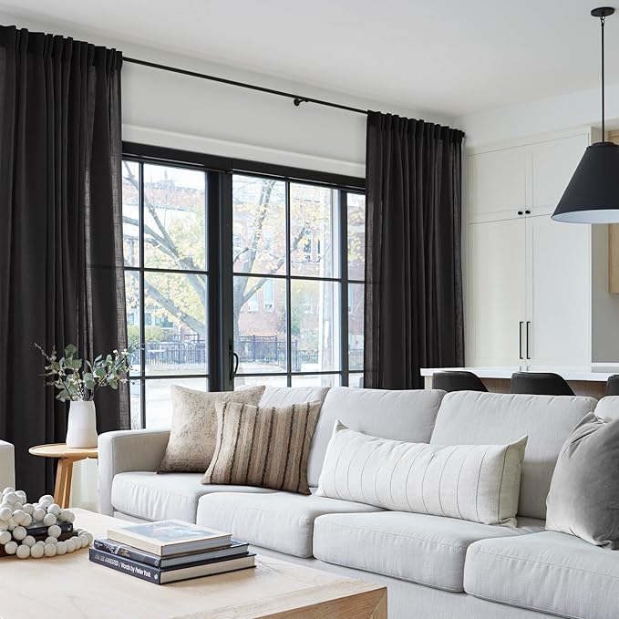 Black Linen Curtains 84 inches Long for Bedroom Back Tab Light Filtering Privacy Semi Sheer Black Curtains Living Room Boho Rustic Farmhouse Cotton Textured Gauze Curtain 2 Panel Set