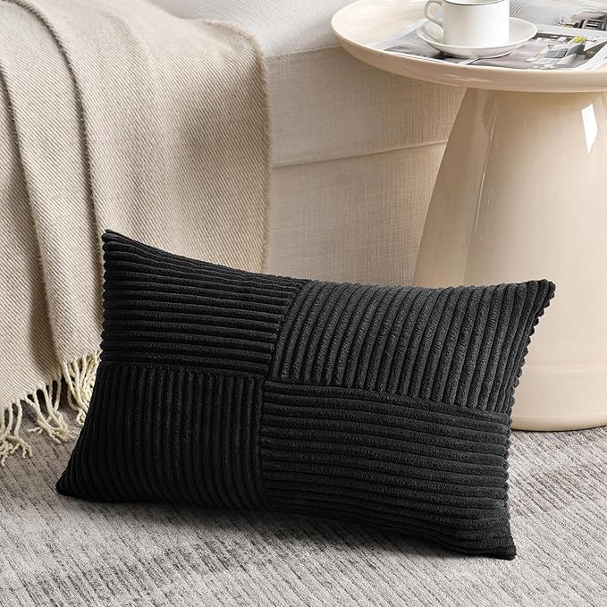 Fancy Homi 2 Packs Black Lumbar Decorative Throw Pillow Covers 20x28 Inch for Living Room Couch Bed Sofa, Rustic Farmhouse Boho Home Decor, Soft Striped Corduroy Rectangle Accent Cushion Case 50x70 cm