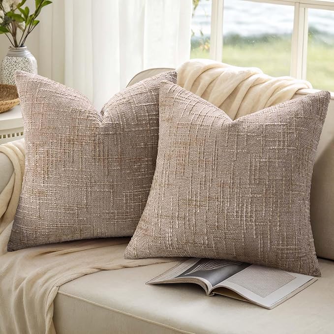 decorUhome Oatmeal Chenille Throw Pillow Covers 20x20 Set of 2 Textured Soft Cozy Slubby Couch Pillow Covers Modern Farmhouse Boho Decorative Pillow Cases for Bed Sofa Living Room