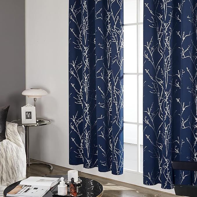 Deconovo Blackout Curtains, Navy Blue Curtain, Thermal Insulated Soundproof Drapes, Branch Silver Print, 42 x 63 Inch Long, Machine Washable Grommet Panels for Bedroom Living Room Office, Set of 2