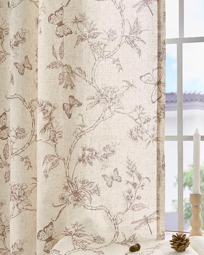 jinchan Floral Linen Curtains for Living Room 96 Inch Length Butterfly Curtain Taupe Floral Curtains French Country Farmhouse Curtain Flower Patterned Drapes Window Treatment Set 2 Panels