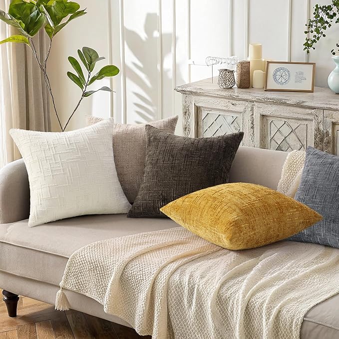 decorUhome Summer Mustard Yellow Chenille Euro Sham Throw Pillow Covers 24x24 Set of 2 Textured Cozy Slubby Couch Pillow Covers Modern Farmhouse Boho Decorative Pillow Cases for Bed Sofa Living Room