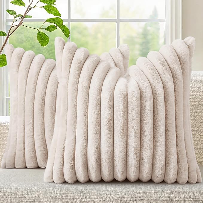 decorUhome Summer Cozy Faux Fur Throw Pillow Covers 16x16 Set of 2 Decorative Soft Plush Striped Modern Farmhouse Boho Couch Pillow Cases with Velvet Back for Sofa Bed Living Room, Beige