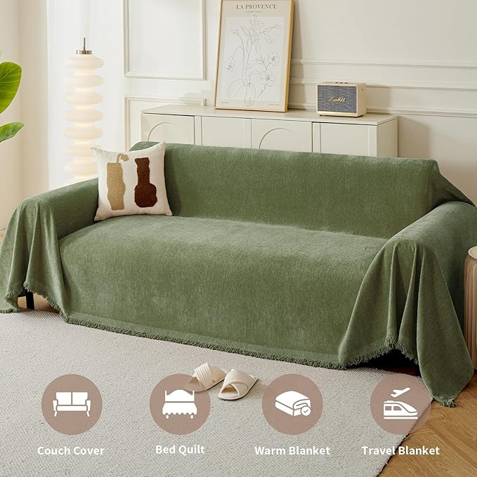 Couch Cover for Dogs, Boho Sofa Covers for 4 Cushion Couch, Chenille Sofa Slipcover for Pets Washable, L-Shape Sectional Couch Cover Soft Throw Blankets with Tassels(91x150,Green)