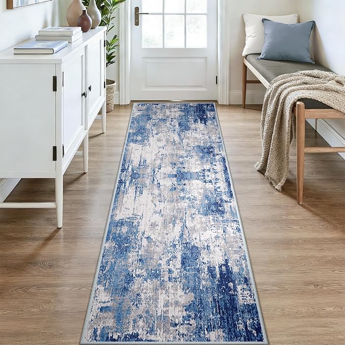 Washable Area Rugs 3x9 Non-Slip Modern Abstract Soft for Living Room Entryway Bedroom Nursery, Print Pattern, Blue Grey Navy Gray