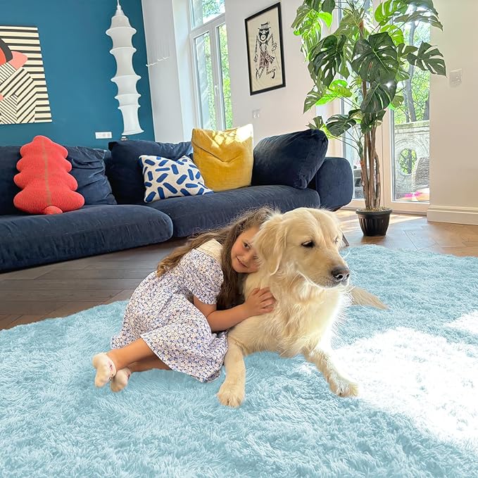 OLANLY 2x5 Machine Washable Runner Rugs for Hallway, Soft Fluffy Shaggy Bedside Rugs for Bedroom, Living Room, Indoor Floor Carpet for Kids Girls and Boys, Home Decor Aesthetic, Light Blue