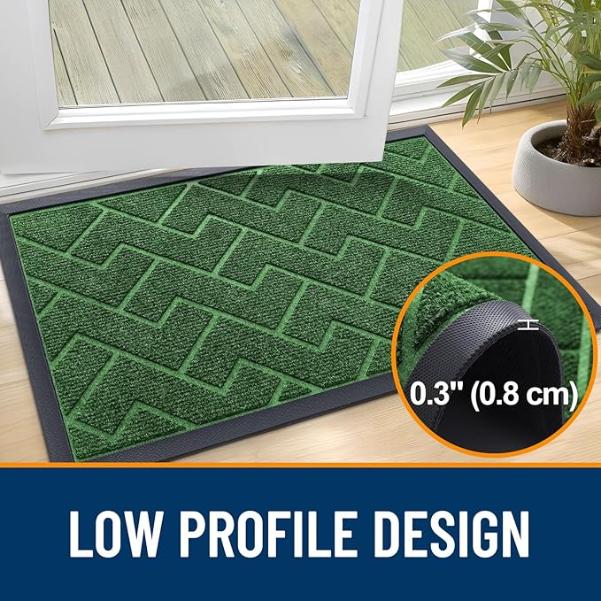 OLANLY Front Door Mat Indoor Outdoor Entrance, Waterproof All-Season, All-Weather Doormat, Sturdy Natural Rubber, Low Profile, Easy Clean Patio Porch Entryway Mat, Herringbone Brick (Green, 35x23)