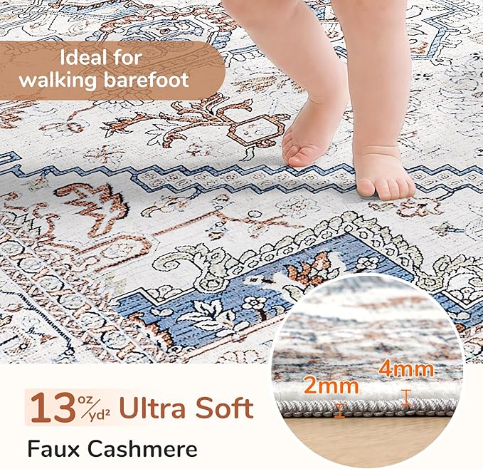 OPPODREAM Soft Throw Rugs 2x3, Small Neutral Washable Entryway Rugs 2 x 3 with Non Slip Backing, Low-Pile Faux Cashmere 2 x 3 Carpet, Cream White & Blue & Light Brown