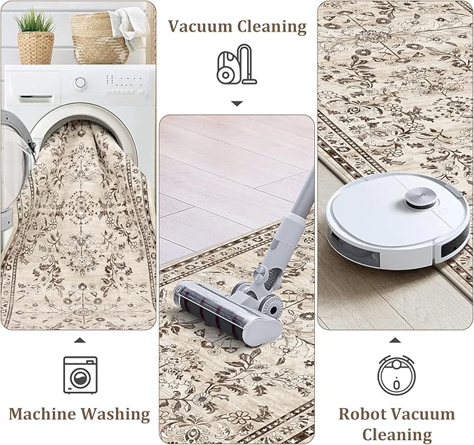 Yamaziot Washable Runner Rug 2x8 – Non Slip Boho Floral Hallway Runner Rug with Rubber Backing, Low Pile Faux Wool Distressed Carpet for Kitchen, Laundry, Bedroom, Entrance, Brown