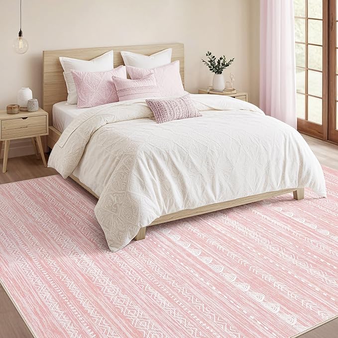 Nakagishi Pink Rugs for Bedroom Girls: 5x8 Washable Boho Large Neutral Area Rug Cute Soft Modern Indoor Floor Non Slip Accent Carpet for Living Room Nursery Kids Playroom Dorm Preppy Baby Room Decor