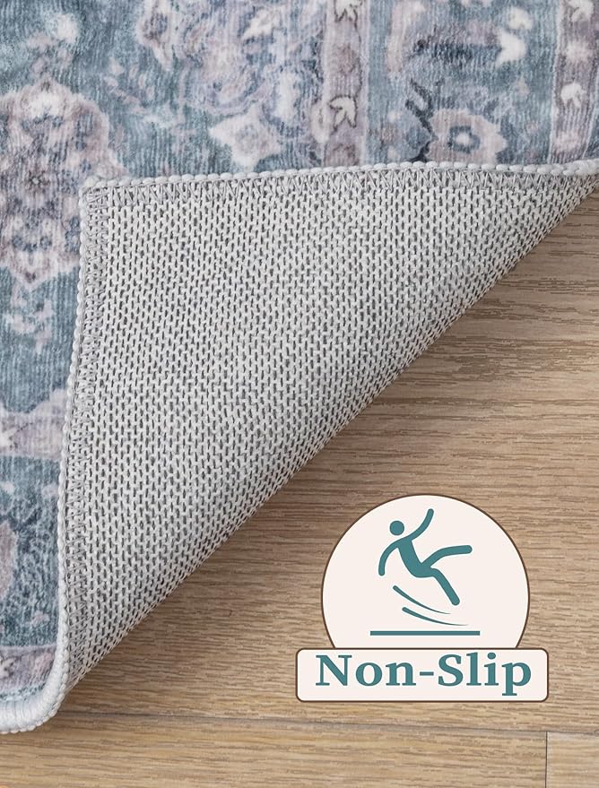 SERISSA Boho Washable Runner Rug, 2'6"x8' Non-Slip Vintage Floral Hallway Kitchen Runner Rug Ultra Soft Print Distressed Blue Grey Floor Carpet for Bedroom Bathroom Laundry Room