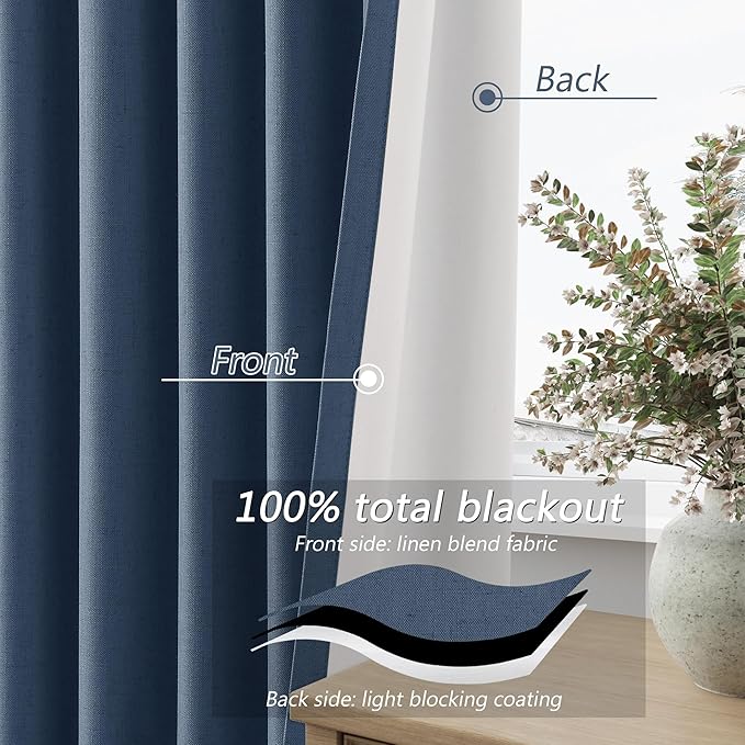 Guken 100% Blackout Curtains 90 Inch Length 2 Panels Set for Living Room Bedroom Back Tab Thermal Insulated Black Out Linen Drapes Room Darkening Window Curtains 90 Inches Long,Denim Blue