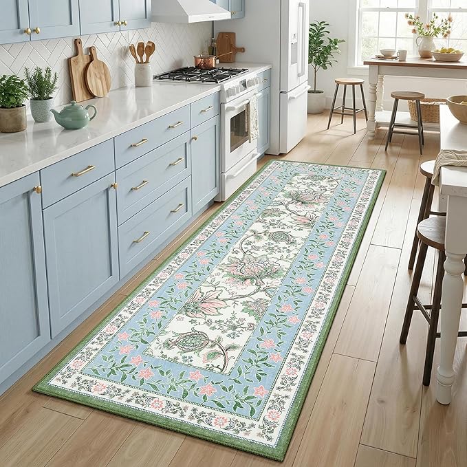 GarveeHome Blue Green Pink Washable 5x7 Area Rugs, Botanical Grove Vintage Cottage core Non-Slip Rug for Bedroom Living Room Nursery Kitchen Low-Pile Retro Carpet