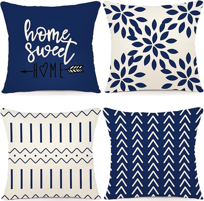 YCOLL Pillow Covers 20x20 Set of 4, Modern Sofa Throw Pillow Cover, Decorative Outdoor Linen Fabric Pillow Case for Chair Sofa Couch Bed Car, Dark Blue