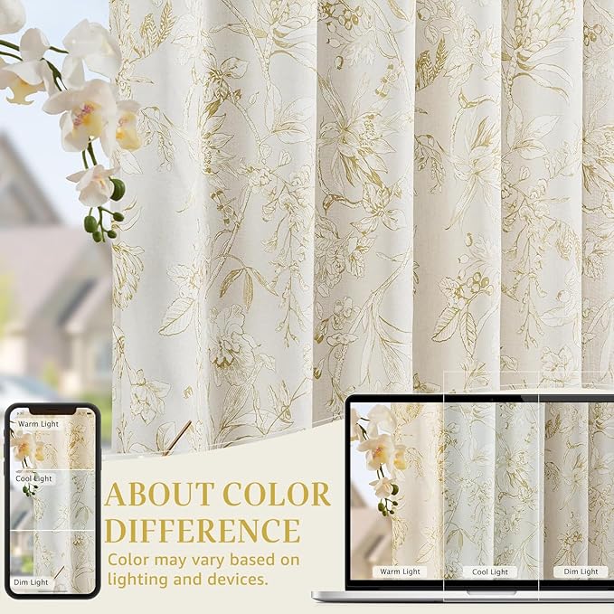 jinchan Floral Curtains 90 Inch Length Mustard Yellow Flower Linen Farmhouse Curtain for Living Room French Country Vintage Curtain Rod Pocket Curtains Set 2 Panels Floral Printed