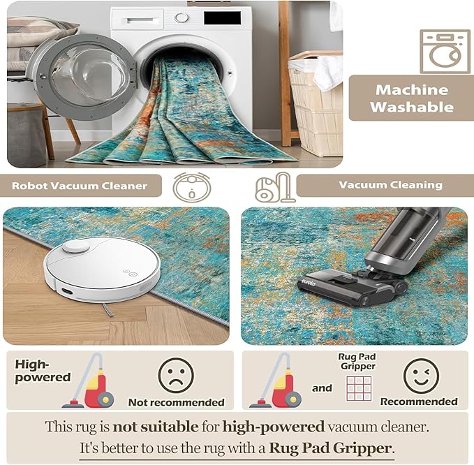 Washable Area Rugs 3'x5' Non-Slip Modern Abstract Soft for Living Room Entryway Bedroom Nursery, Print Pattern, Teal Blue Green Orange Rust Red Coloreful